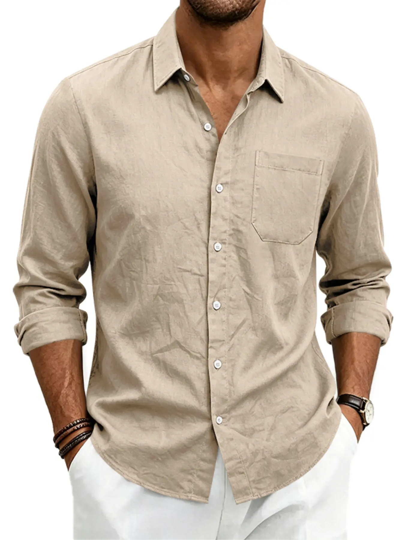 Men's Solid Color Linen Button Down Shirts, Long Sleeve Classic Casual Collared Pocket Shirts, Lightweight Breathable Summer Beach Loose Fit Dress Shirts, Tops for Daily Vacation Wear，Multiple Colors Available, Relaxed Fit.