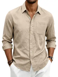 Men's Solid Color Linen Button Down Shirts, Long Sleeve Classic Casual Collared Pocket Shirts, Lightweight Breathable Summer Beach Loose Fit Dress Shirts, Tops for Daily Vacation Wear，Multiple Colors Available.