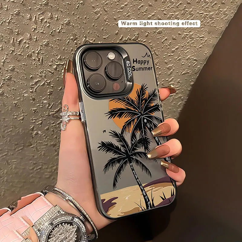 Summer Coconut Tree Sunset iPhone Case, Luxury Sheer Yarn Texture Back, Integrated Transparent Sensitive Buttons, Shockproof Airbag Corners, Fingerprint Resistant TPU+PET+PC Anti-Drop Cover For iPhone X XS 11 12 13 14 15 16 17promax Series