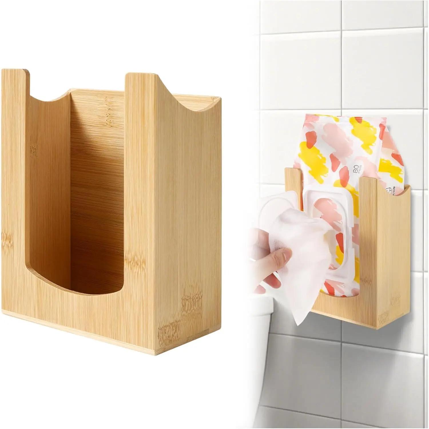 Natural Crakth Wooden Bamboo Hand Face Wipes Dispenser Box - 2 Installation Ways, Wall Mount with 2 Screws and Anchors, Adhesive Tape Included, Simple Design Storage Holder for Kitchen/Bath