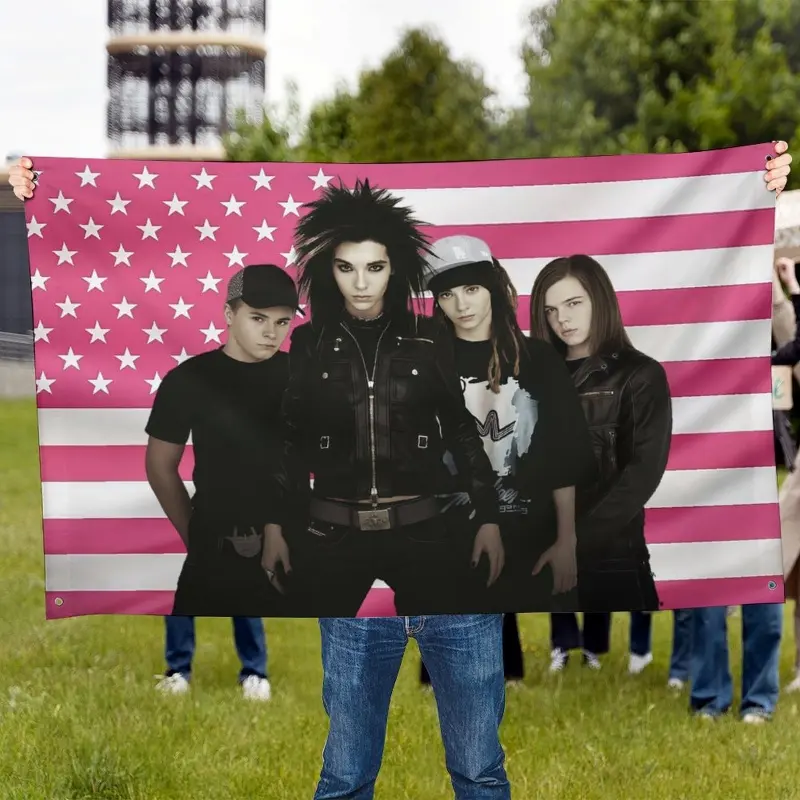 2D Flat - 1pc of a Pink American Flag Tapestry Banner from Tokyo Hotel, Made of Durable Polyester. This 2D Flat Yard Flag Is Designed for Use And Features Four Eyelets. It Serves As a Decorative Backdrop for Rooms, Walls, Bedrooms Y2K Indie Room