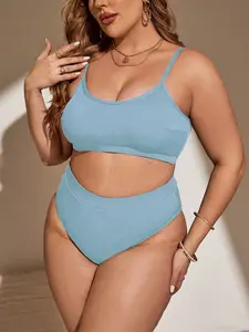European and American Large Size Striped Texture U-Neck Thin Strap Backless High-Waisted Bikini Set, Two-Piece Swimsuit for Vacation and Outdoor Activities