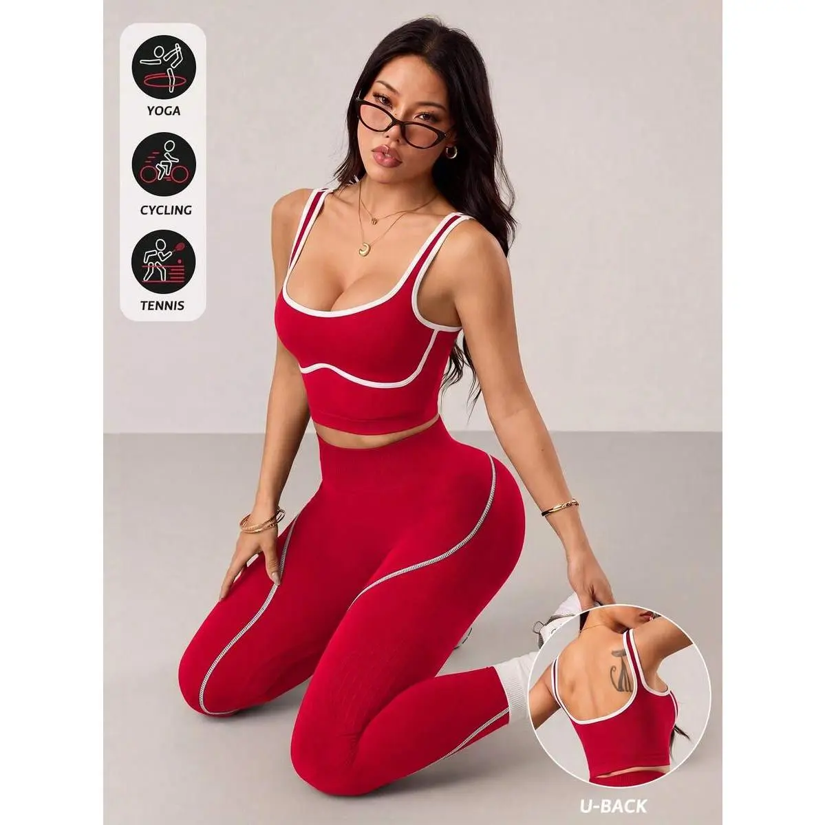 2pcs Women's Black Seamless Tight Yoga Fitness Vest And Waist Contrast Color Workout Leggings Set,Sports,Bra,Backless,Halter,Crop,Scrunch,Butt,stylish,activewear,,daily,outfit,,Insulated,Hunting,Camo,mfvim,woman,,athletic,