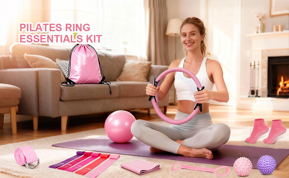 Home Pilates Kit for Women - 14 Pcs Pilates Equipment Set with Pilates Ring and Ball, 5 Resistance Bands Etc Accessories for Beginners Home Workouts - Includes Workout Guide