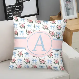 Monogram A-Z Pink Floral Blue Bow Throw Pillow, Elegant Preppy Cushion Accent Pillow, Includes Pillow Core, Soft Comfortable Polyester Home Decor Pillows for Sofa Couch Bedroom Dorm, Gift for Girls, Teens and Women