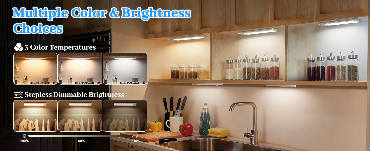 3/6Pcs Under Cabinet Lighting with Charging Station, Rechargeable Motion Sensor Light Indoor, Dimmable Closet Lights with 3 Color Tempers, Magnetic Under Cabinet Lights for Kitchen Wireless