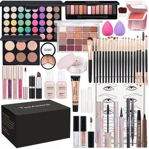 Women's Full Makeup Kit, Includes Eyeshadow, Liquid Foundation, Loose Powder, Eyebrow Pencil, Lipstick, Eyeliner, Makeup Brushes, Makeup Practice Board & 4-Color Lip Gloss Set