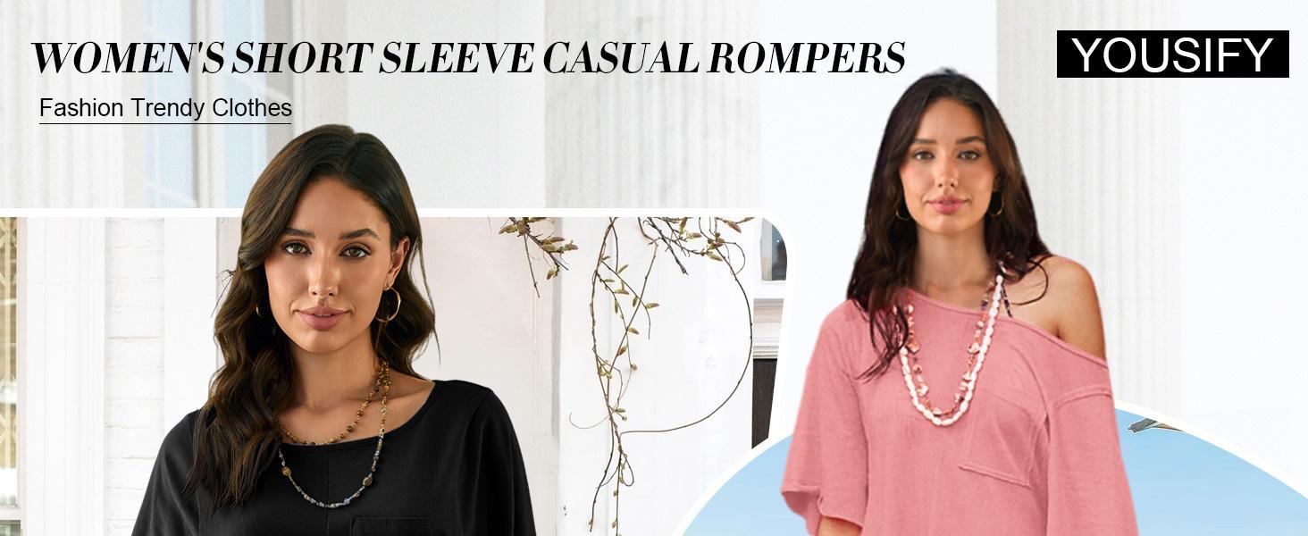 Imily Bela  Rompers for Women 2025 Spring Outfits Summer Casual Short Sleeve Crew Neck Loose Jumpsuits with Pocke