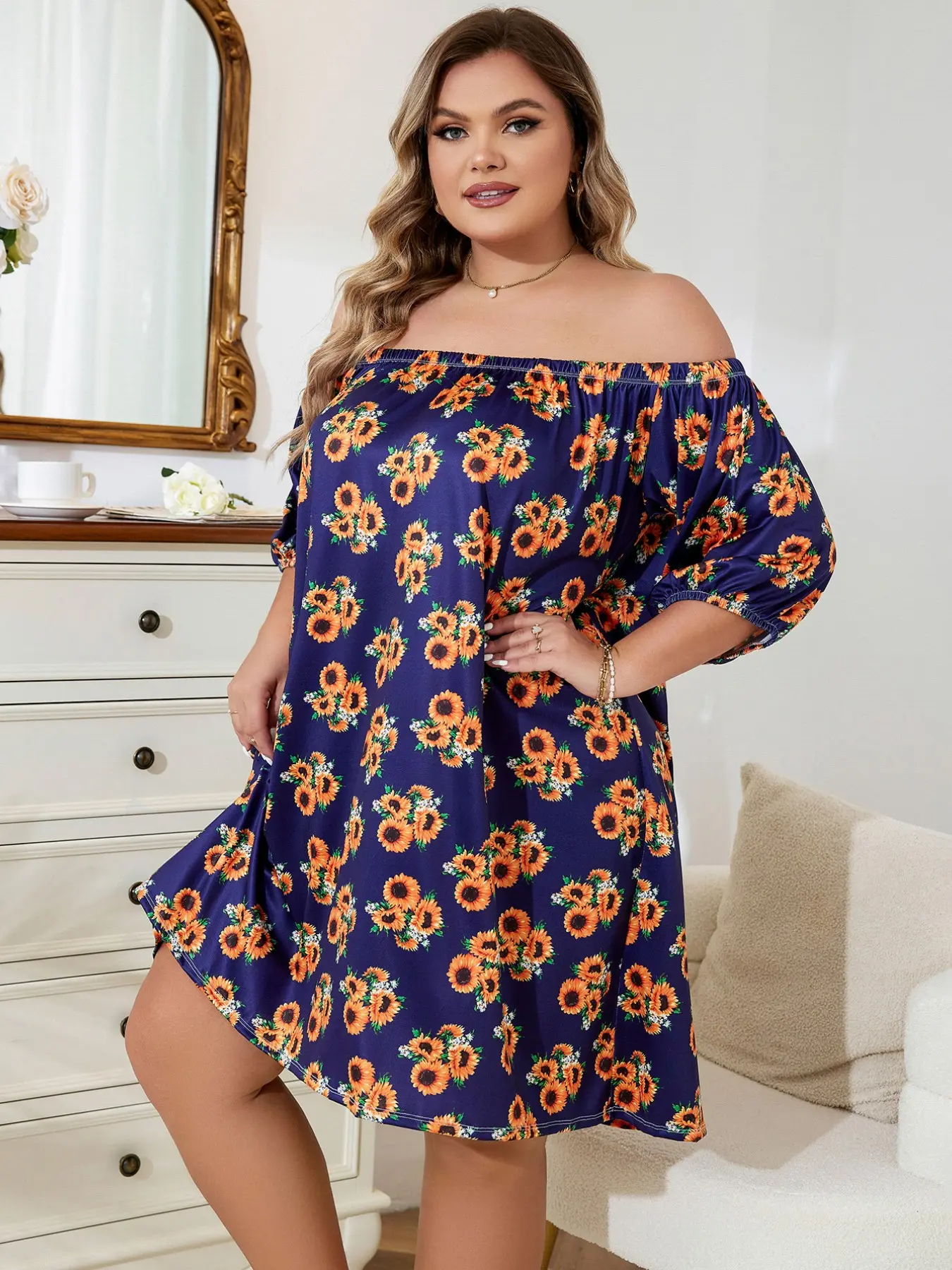 Women's Plus Size Sunflower Print One-Shoulder Dress, Loose-Fit Bubble Sleeve, Summer Casual Vacation Style, Short Floral Skirt, Casual Wear