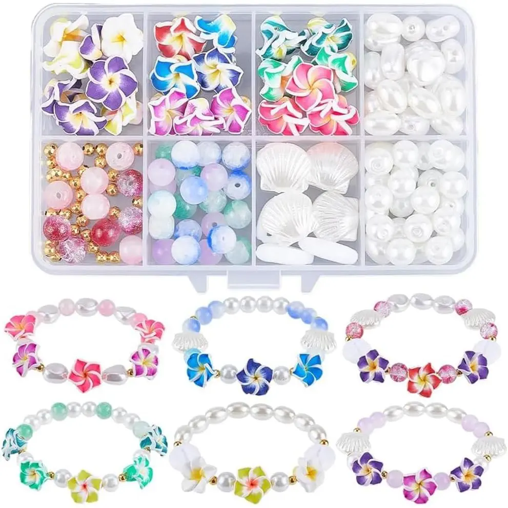 1 Box 174 count DIY 6 Sets Bracelet Making Kit Plumeria Flower Beads Polymer Clay Beads Summer  Hawaiian Shell Bead Imitation  Beads for  Making Kits Adult Women Gifts Supplies