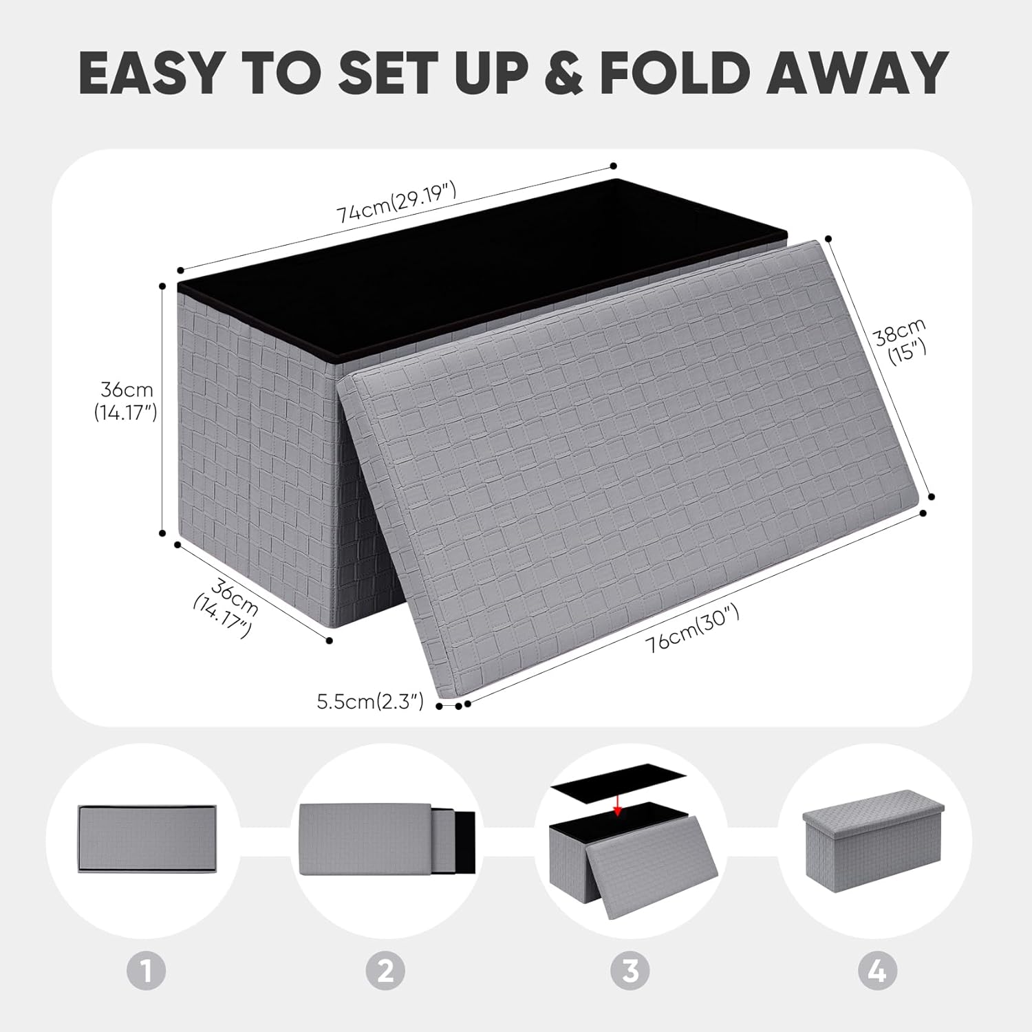 Footlocker Dorm, Bedroom| Versatile Toy Box, Blanket Chest & Compact Seat with Stylish Hidden Storage Grey 30"x15"x15"