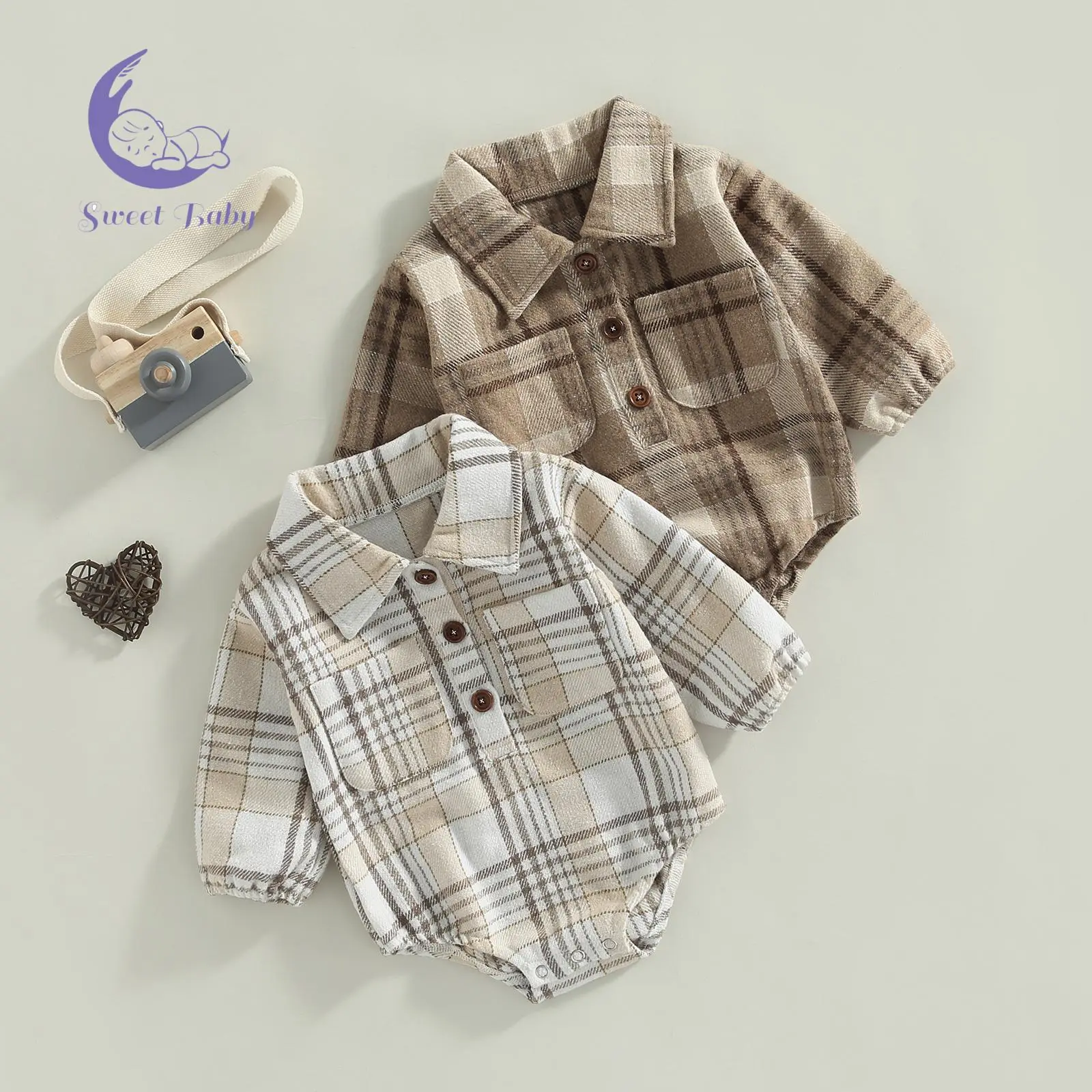 Boys' Button-Up Vintage Plaid Long Sleeve Romper, Cotton Blend Casual Wear Jumpsuit with Lapel, Buttons and Pockets