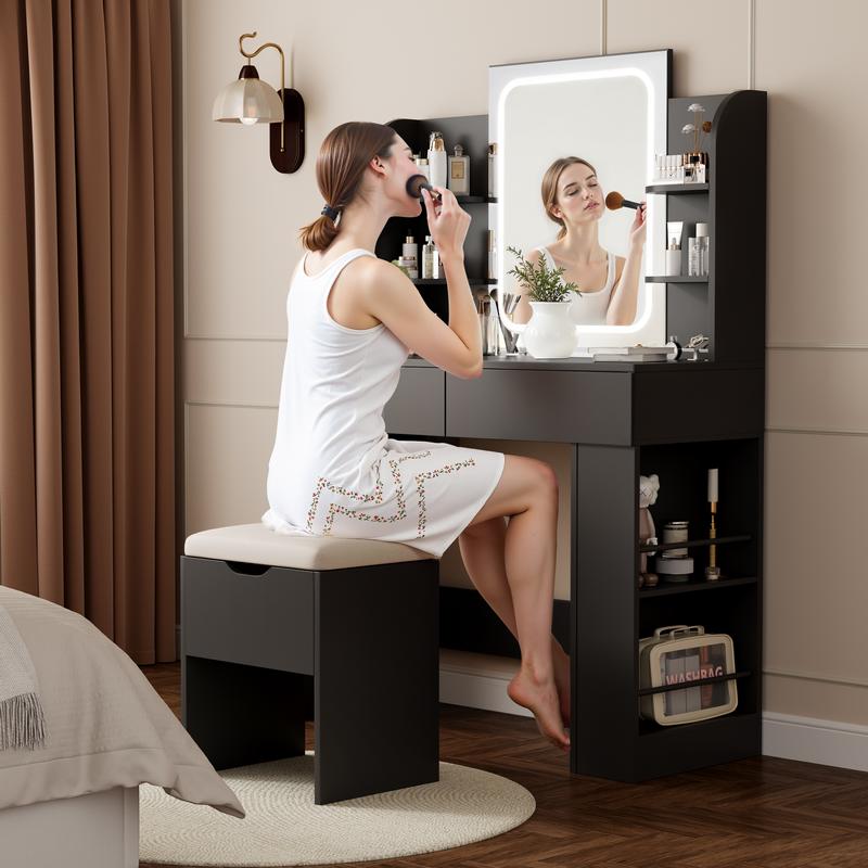 FURMAX Vanity Desk with Mirror and LED Lights, Makeup Vanity Table with 3 Lighting Color, Adjustable Brightness, 2 Drawers, Side Storage, for Bedroom, 35.4x15.7 Inches Tabletop, Pure Color Design