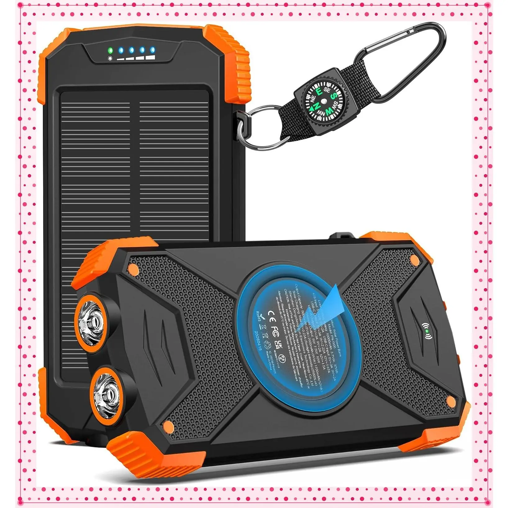 Solar Power Bank 10000mAh Portable Wireless Charger 20W Fast Charging External Battery Pack with USB C for Cell Phones Solar Panel Charging with Dual Flashlight for CampingGift