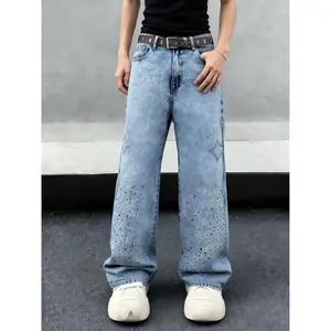 Star Embroidery Jeans Men, Light Blue Washed Wide Leg Denim Pants, Loose Fit Straight Leg Casual Streetwear Trousers