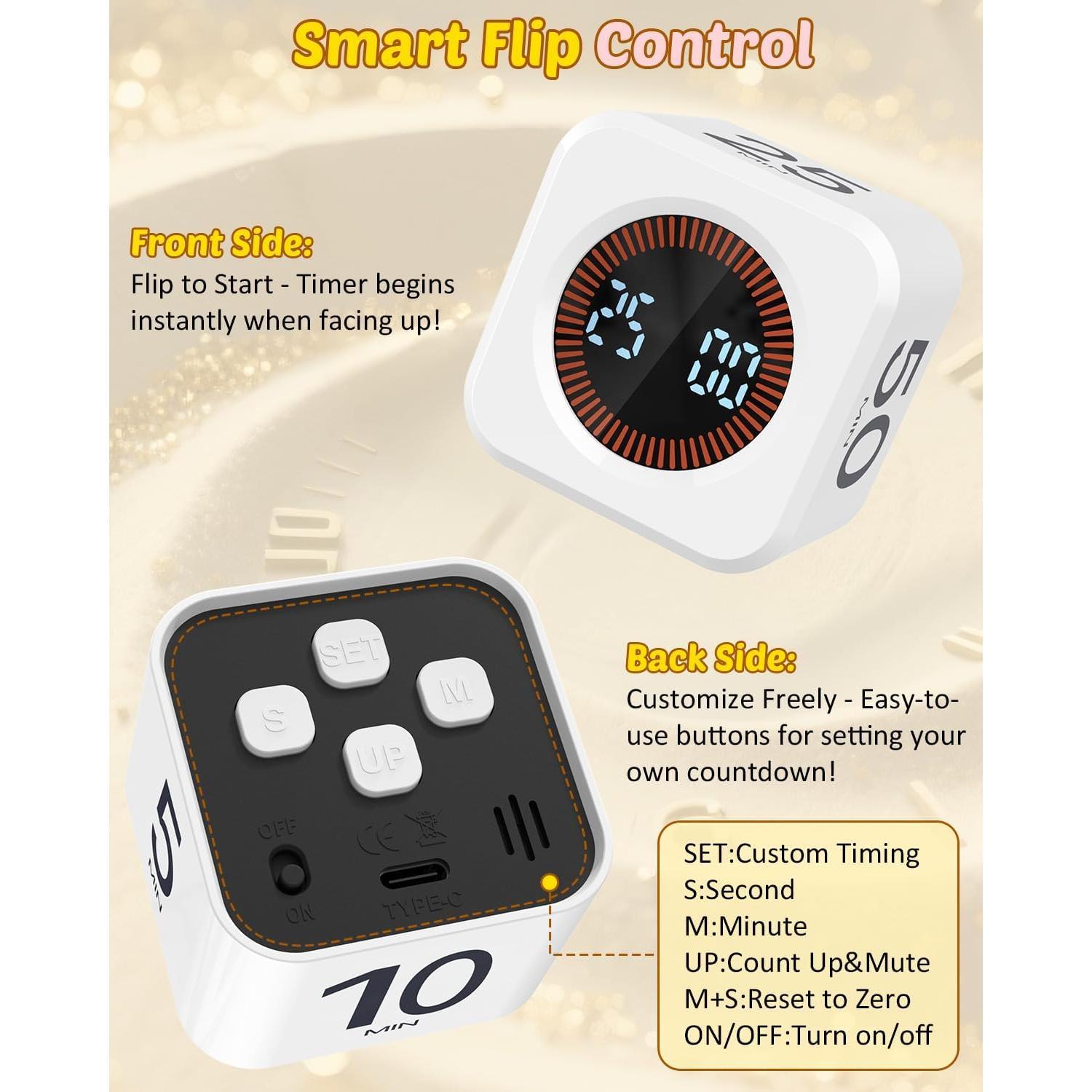 Pomodoro Timer Cube Visual Productivity Flip Timer for  Classroom Desk, 5/10/25/50min& Custom Countdown, Silent&Sound Mode Digital Cube for  Study Work School  Kitchen (White)