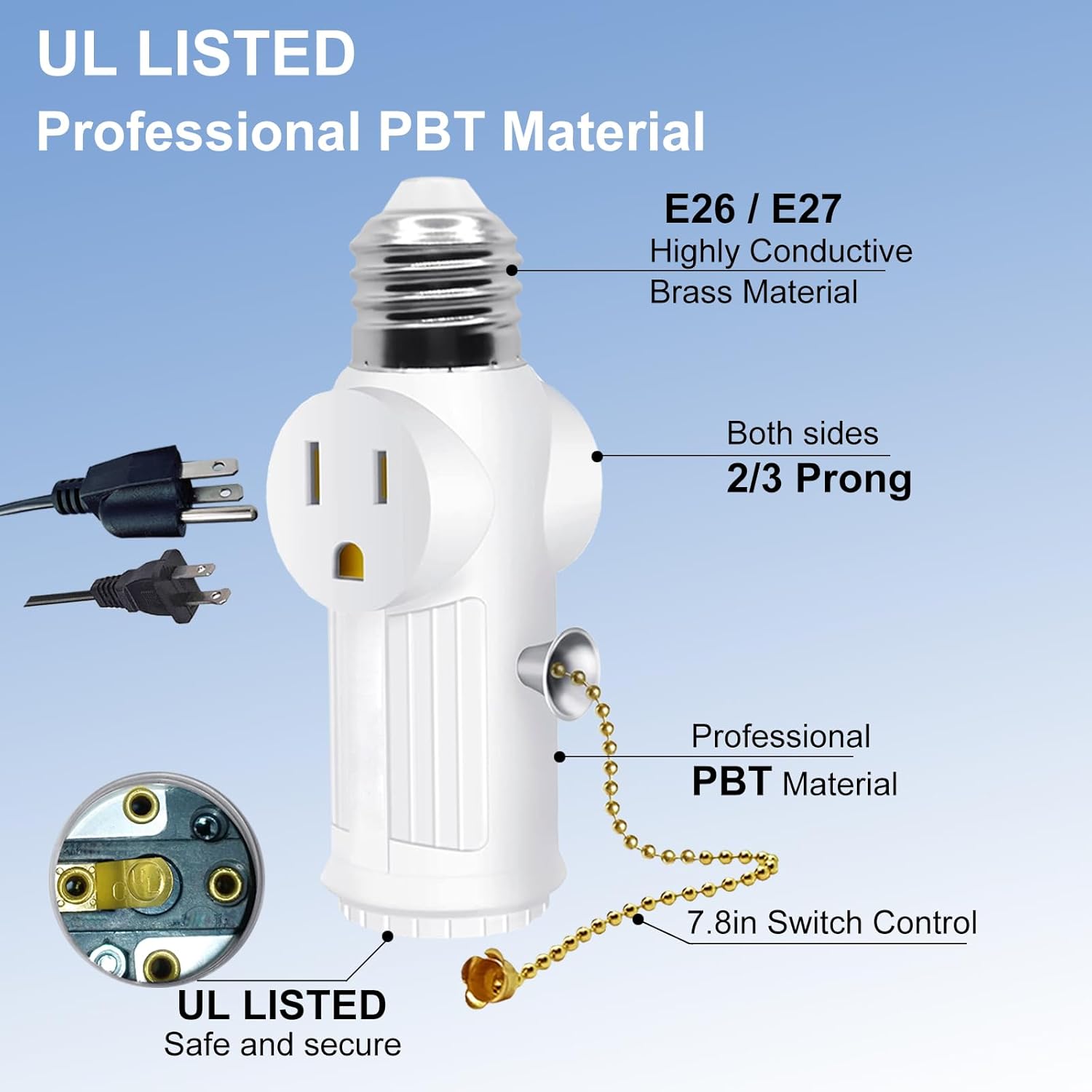 Light Socket Outlet Adapter,E26/E27 Light Bulb Outlet Socket Adapter,3 Prong Outlet Adapter with Bulb Control ,Polarized Light Bulb Socket Splitter,White,2 Pack