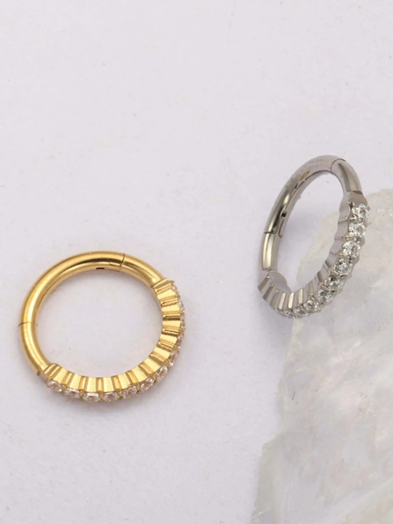 F136 Titanium Hinged Segment Hoop Ring Clicker Septum Piercing Daith Earring Front Facing Segment With Outward Facing Pave CZ