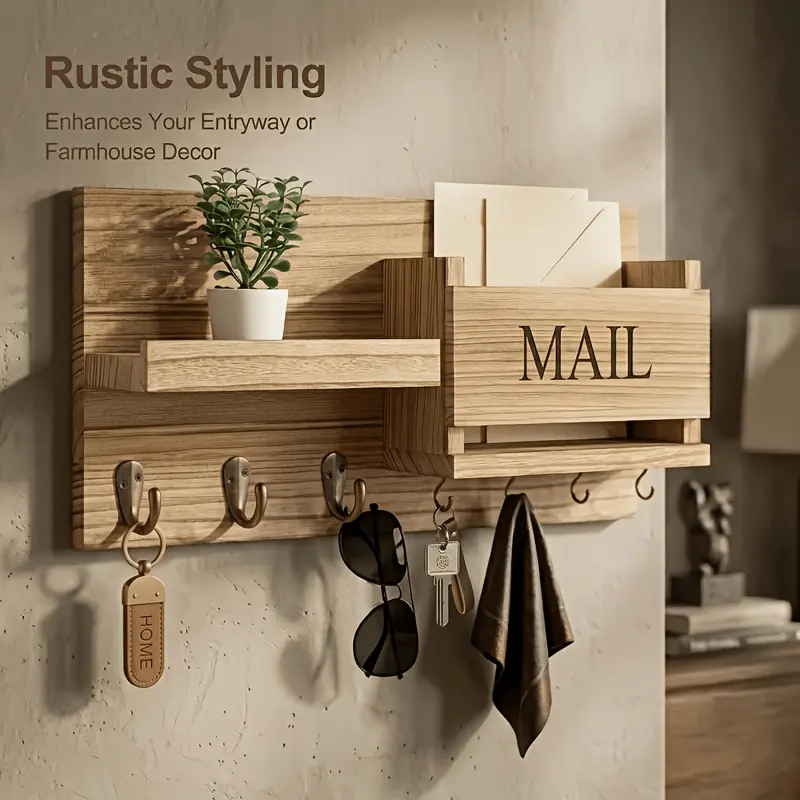 Wooden Wall Mount Shelves with Mail Slot, Door Handle, Decorative Hanging & Multi-Hook Coat Rack - Floating Partition for Entryway, Porch - Includes Full Mounting Accessories