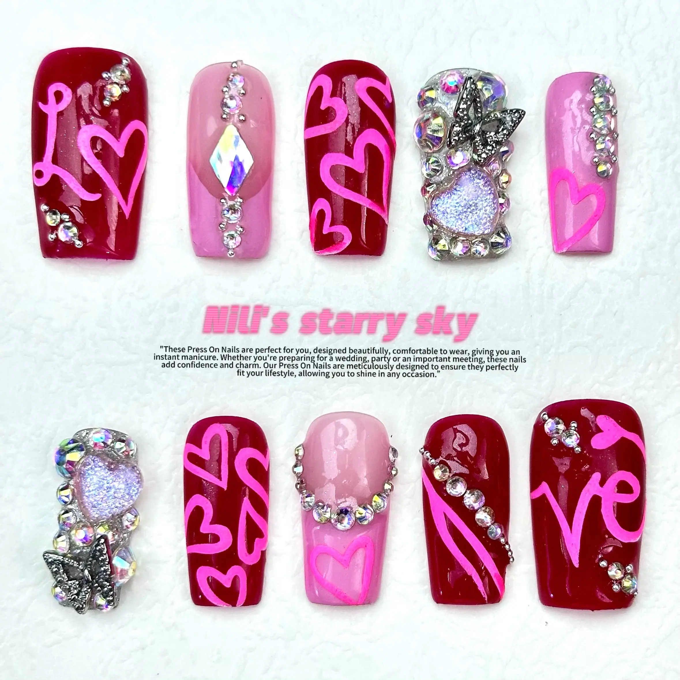 10Pcs Wine Red Pink Heart Line Long Square Press On Nails, 3D Sparkly Rhinestone & Iridescent Crystal Decor Fake Nails, Come With Jelly Glue Tabs & Nail File, For Valentine Date Party Daily Outing, Sweet Handmade Y2K Romantic Manicure