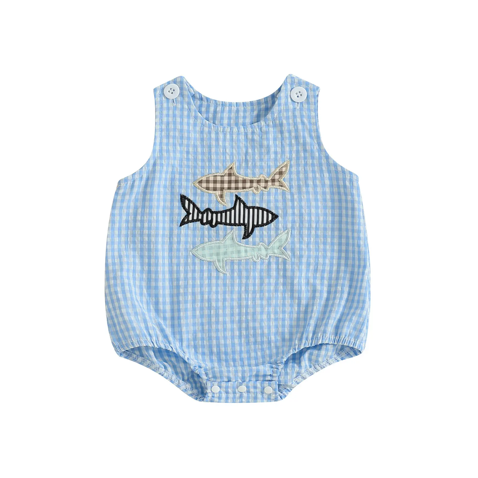 Newborn Baby Boy Smocked Bubble Romper Plaid Embroidery Fish Jumpsuit Sleeveless Bodysuit Infant Overalls Clothes 0-18M