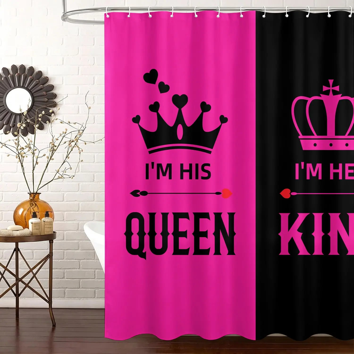 1Pc Waterproof King Queen Crown Couple Shower Curtain, Romantic His Her Quote Hot Pink Black Valentine's Day Wedding Bathroom Decor with Hooks, Quick Dry Machine Washable Anniversary Couples Bath Accessory