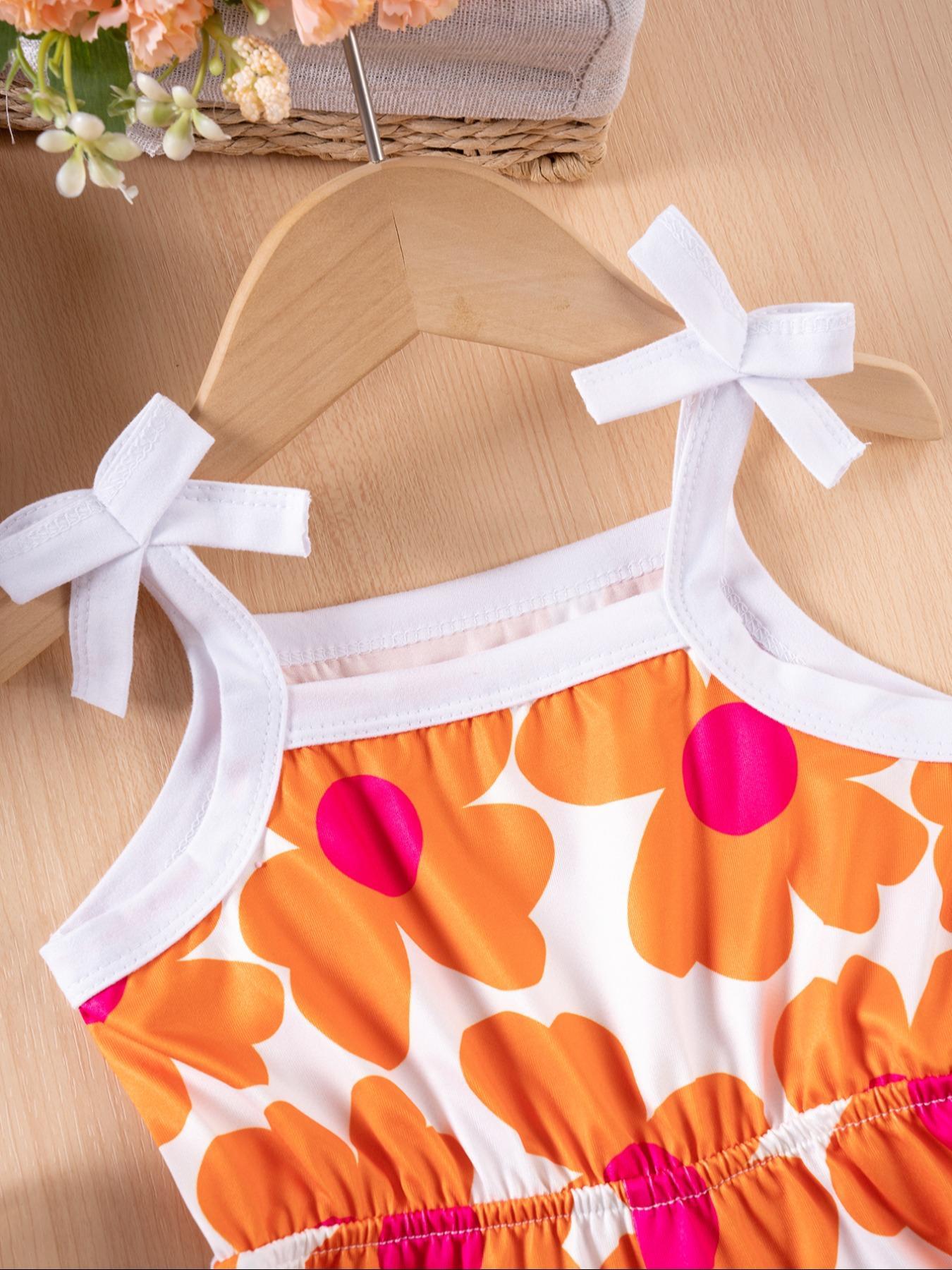 Toddler Girl's Floral Print Bow Tie Waist Romper, Cute Sleeveless Romper for Holiday Vacation, Toddler Outfit, Kids Clothes for Summer, Baby Girl Clothes