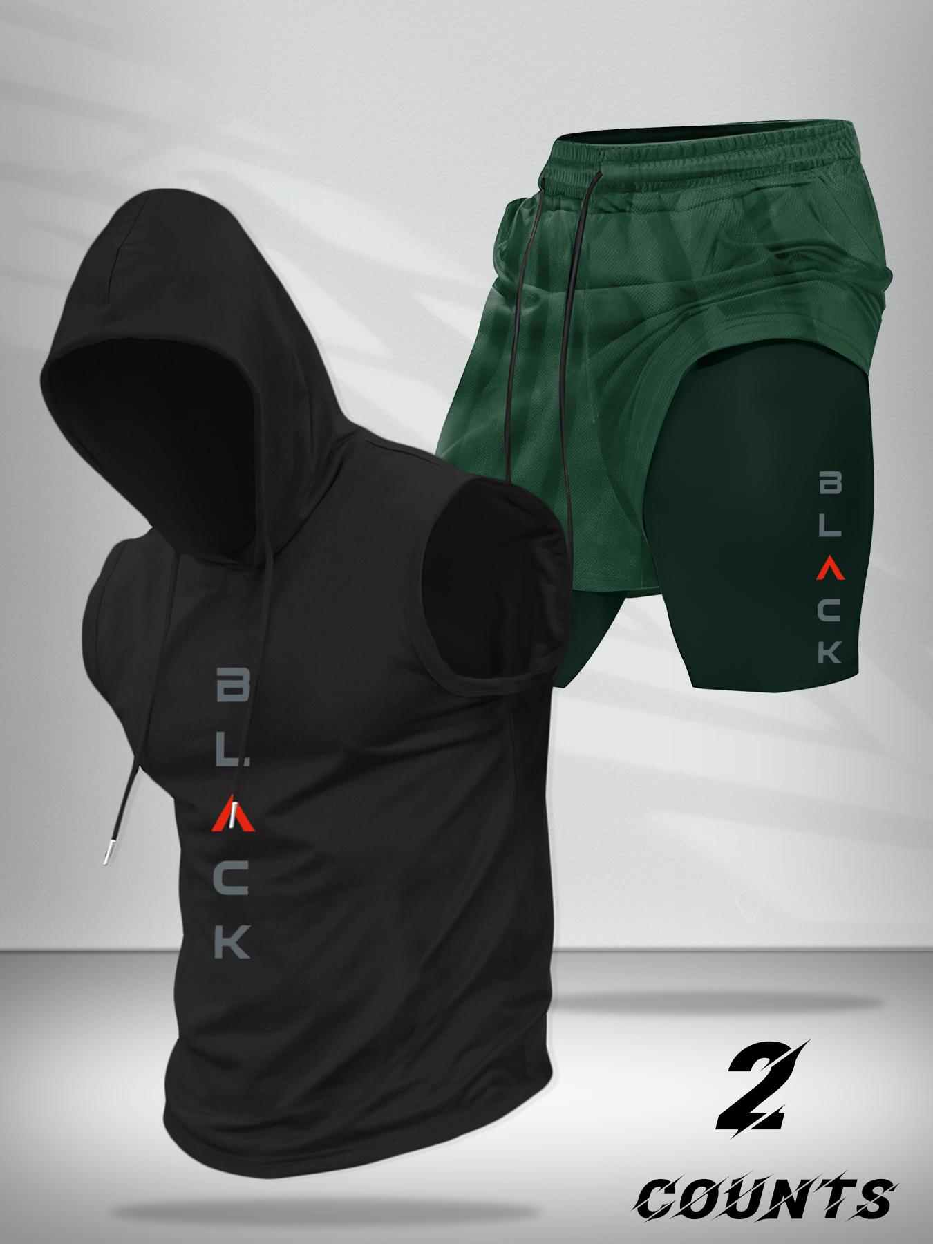 Two-Piece Set Men's Hooded Tank Top & Shorts Set, Regular Fit Casual Pullover Hoodie & Shorts, Men's Two-piece Outfits for Daily Wear, Casual Gym Wear