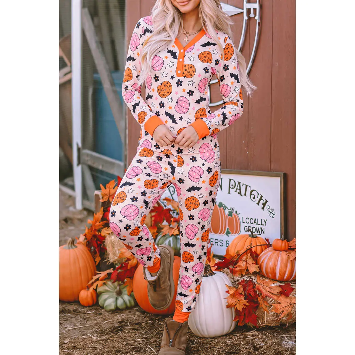 Pink Halloween Pumpkin Print Long Sleeve Home Wear Lounge Set