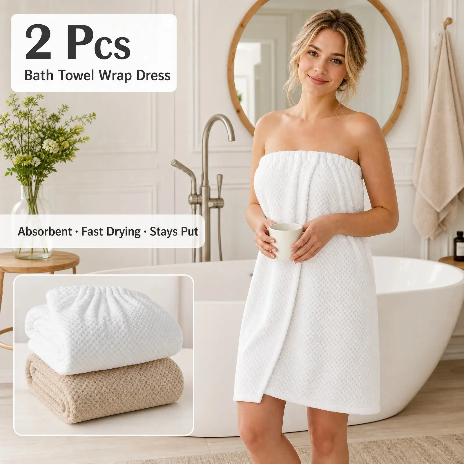 2Pcs Women Bath Skirt, Adjustable Spa Body Wrap Robe, Absorbent Quick‑Dry Wearable Bath Towel Wrap, Soft Lightweight Lint‑Free Shower Wrap, Shower Cloths for Home Bathroom Spa Travel Beach Pool