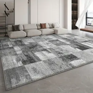 Velvet Rug, Contemporary Grey Block Abstract Geometric Non-Slip Washable Low-Pile Carpet for Living Room Bedroom Office