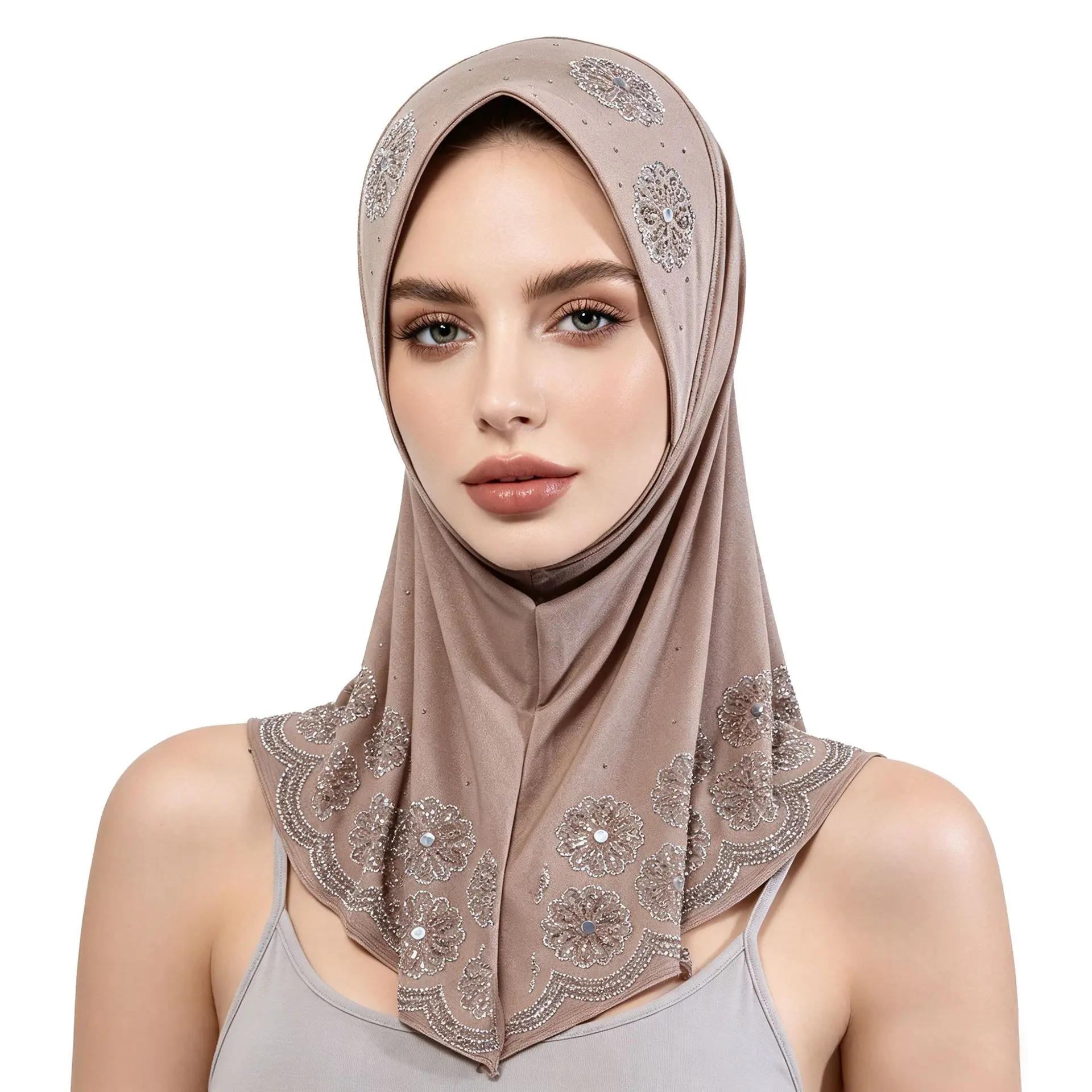 Viral Instant Hijab Rhinestone Floral Embroidered Full Cover Neck Scarf Breathable Stretch Jersey Pull On Khimar Cap Modest Fashion Party Prayer Headwear