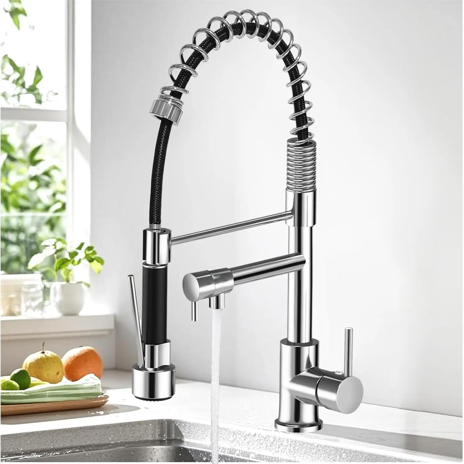 Modern High-Arc Single Handle Kitchen Faucet, Pull-Down Sprayer, Stainless Steel, 360-Degree Adjustable Nozzle, Polished Chrome Finish