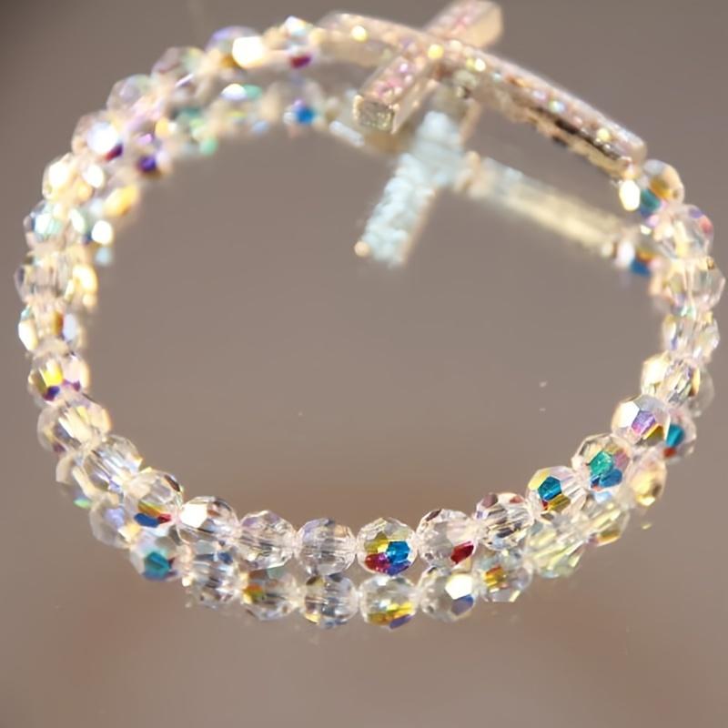 1pc Bohemian & Classic Style, Artificial Crystal Match Rhinestone With Cross Pendant Bracelet, Women's Delicate Jewelry Accessory For Daily Wear, Handmade Idea Gift Friends
