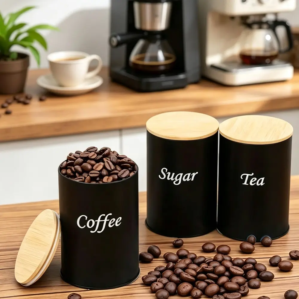 3pcs Metal Round Storage Jars, Stainless Steel Container with Dust-Proof Lid, Reusable for Tea, Coffee, Sugar, Kitchen & Office Use