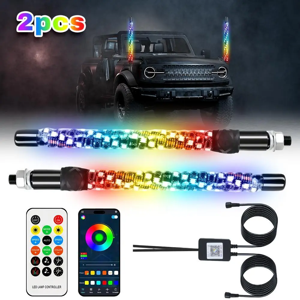 【BackToSchool】2-Pack 1FT Spiral Fat Whip Light Antennas with Aluminum Base, 12V DC Colorful LED Offroad Lights with RGB Multi-Color Effects, Turn Signals for Can-Am X3, RZR UTV ATV Off Road Accessories
