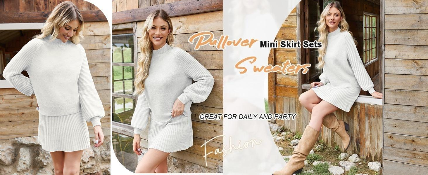 Goranbon Women's 2 Piece Outfits 2025 Long Sleeve Mock Neck Ribbed Sweaters and Mini Skirt Two Piece Sets