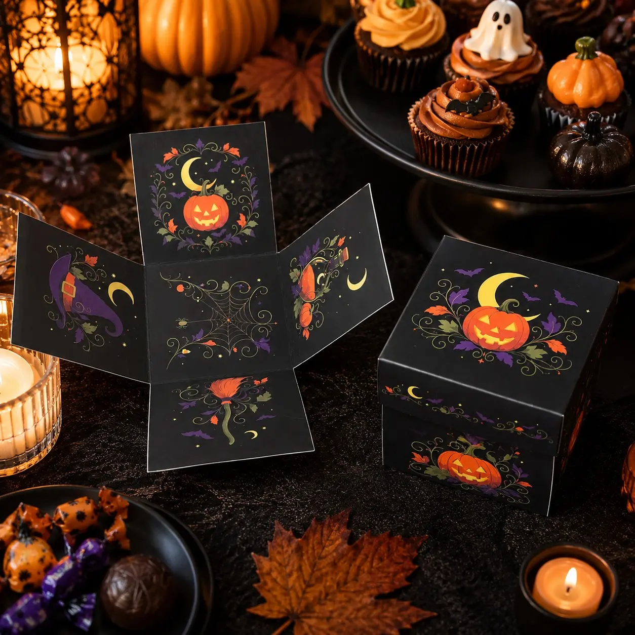 4pcs Halloween Surprise Explosion Boxes, 8cm Lidded Gift Packaging Box, Inner Outer Printed Expandable Creative Gift Box, Perfect for Holiday Gifts and Decorations