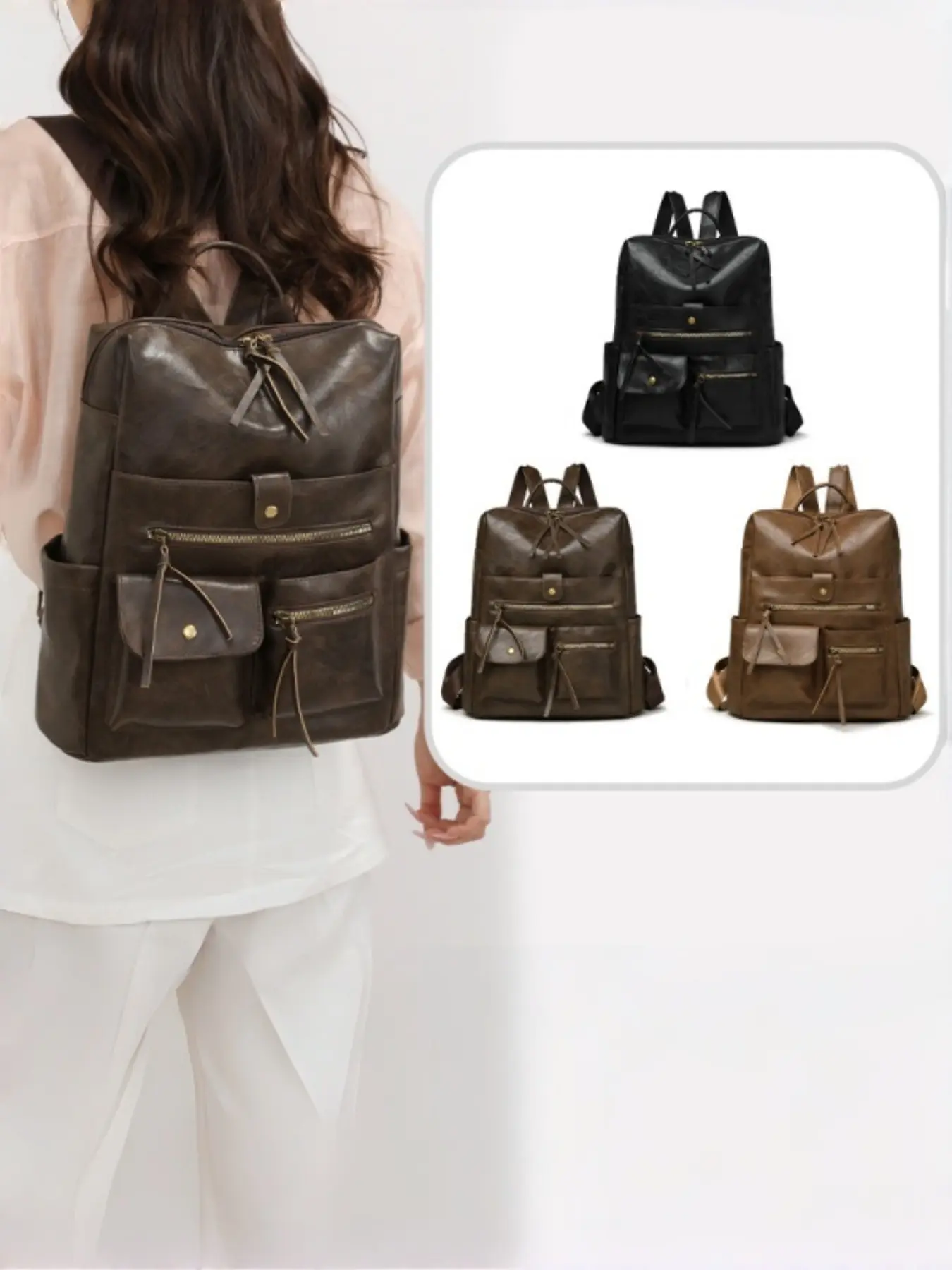 2026 Fall New Arrival Vintage Oil Wax PU Backpack, Multi Pocket Drawstring Travel Rucksack, Large Capacity Casual Daily Shoulder Bag for Women