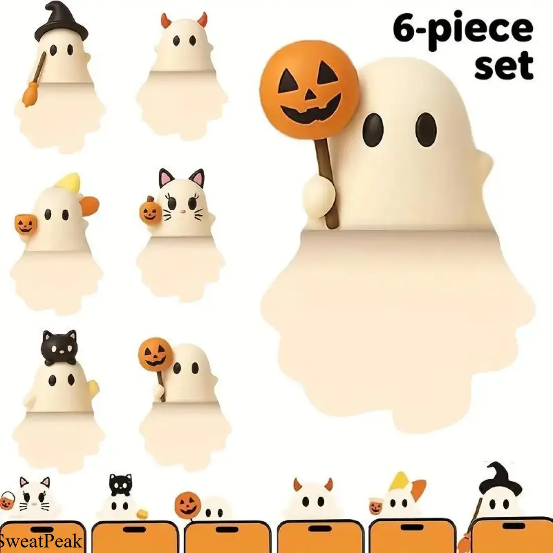 Halloween Ghost Phone Stickers 6PCS, Cute 3D Silicone Phone Buddy Decals for Smartphone Cases, No Residue Peel & Stick Phone Accessories, Fun Kawaii Decorations for Teens Girls, Back to School Supplies, Halloween Party Favors & Gifts