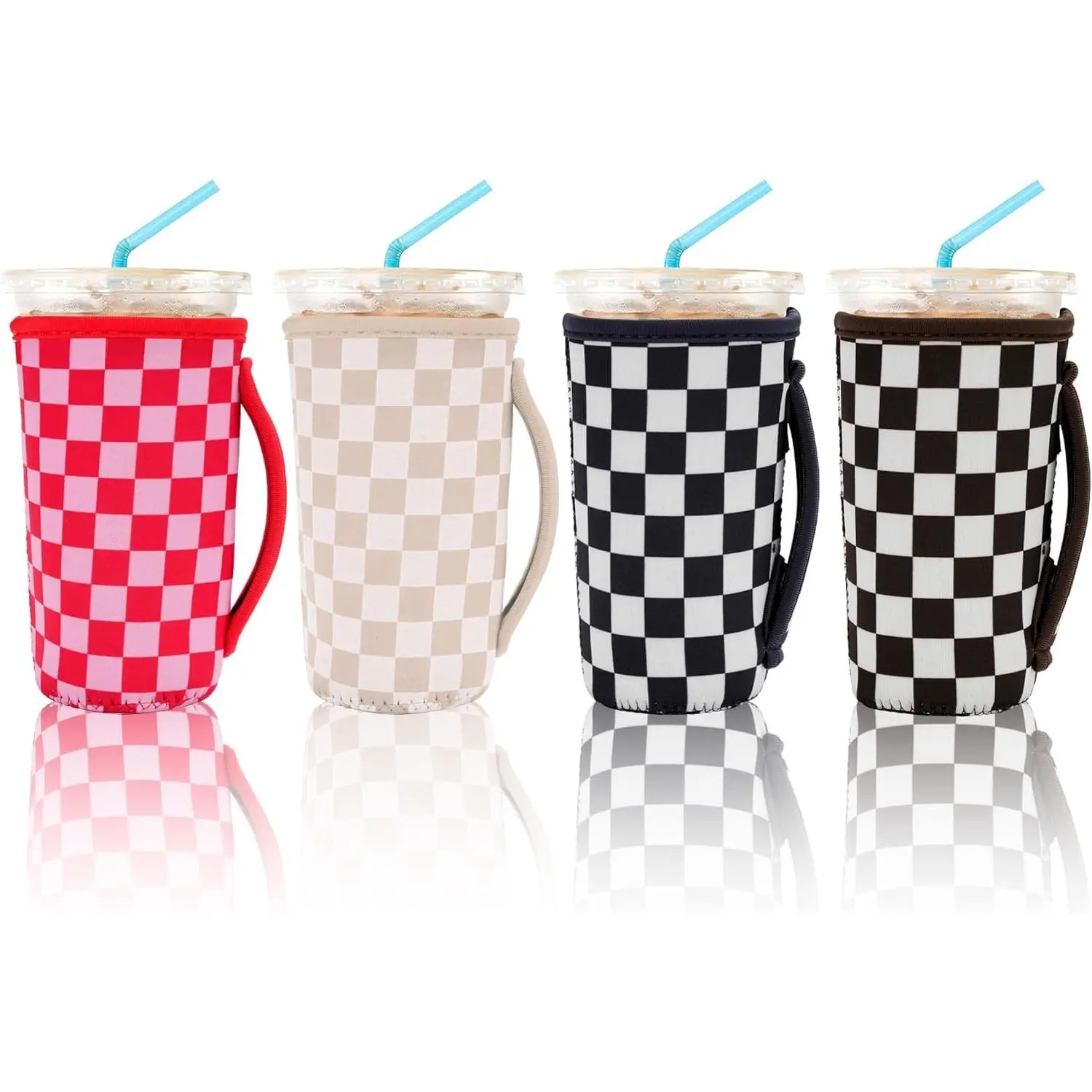 4 Pack Iced Coffee Sleeve,reusable Neoprene Cup Sleeves Suitable For Hot And Cold Coffee Or Ice Drink Coffee cup sleeve (Checkered 30-32 OZ)