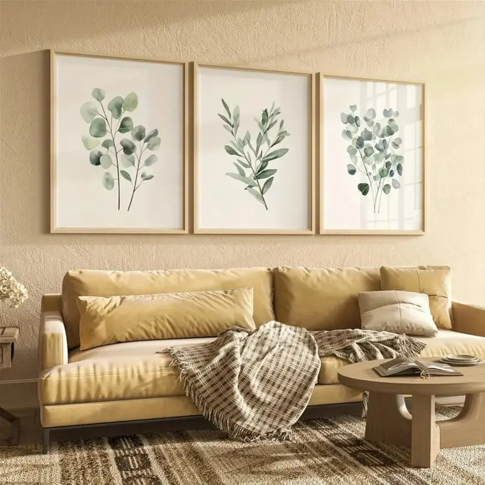 3-Piece Wooden Frame Bohemian Sage Leaf Print Wall Poster, Modern Plant Aesthetic Art Print, Home Decor Gift