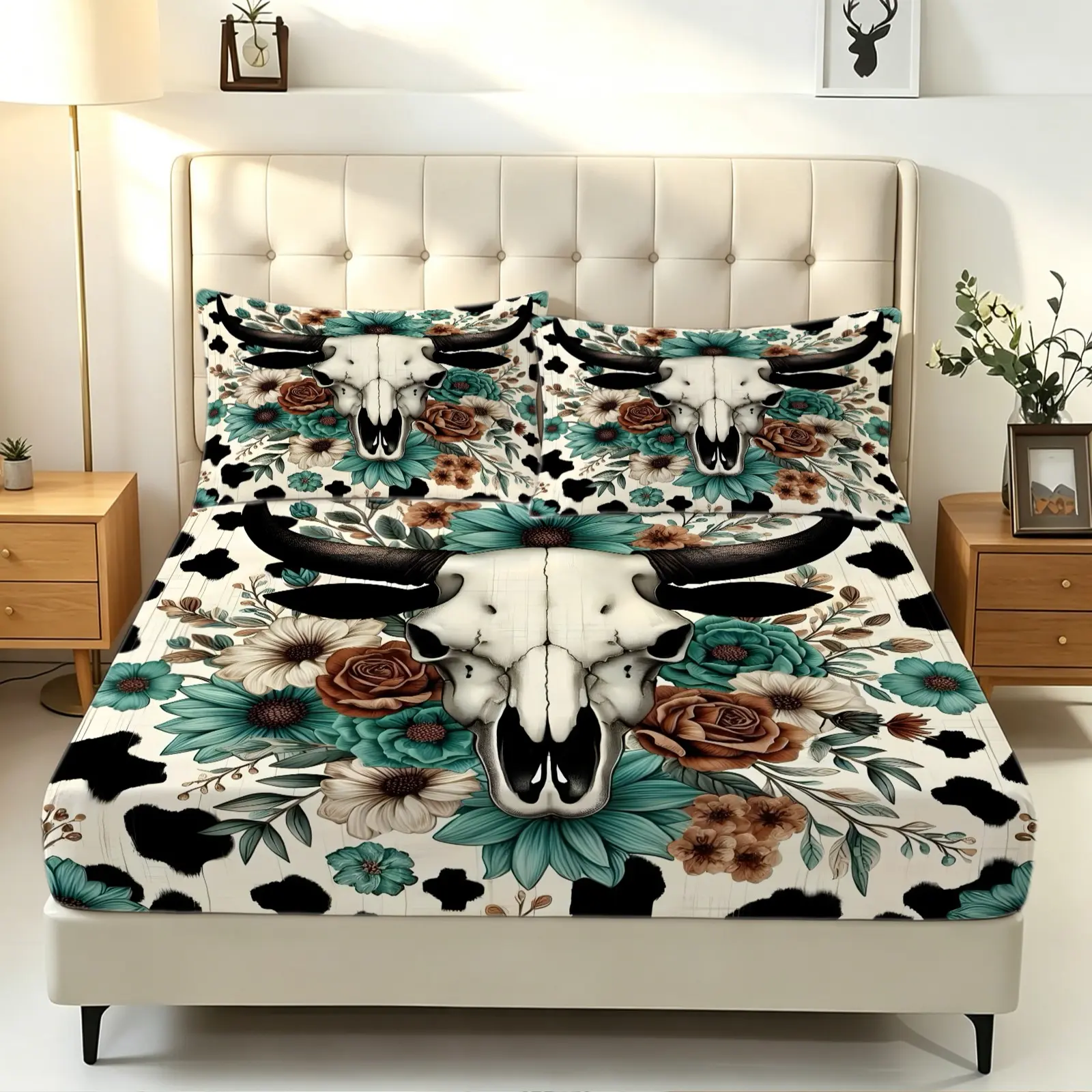 3-Piece Boho Western Cow Skull Floral Fitted Sheet Set, Soft Microfiber Bed Sheet Set, Digital Print Deep Pocket Bedding Set with Pillowcases, No Fillers, Farmhouse Style for Bedroom Guest Room, All Seasons, Bedding Essentials, Multiple Sizes Available