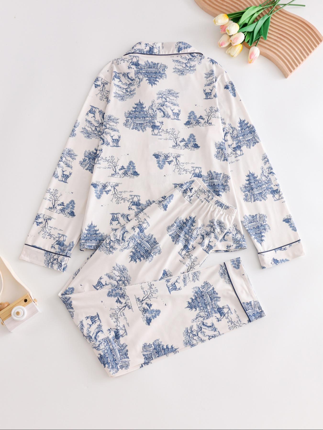 Women's 2-Piece All Over Print Button Front Pocket Lapel Shirt & Elastic Waist Pants Pyjama Set, Casual Comfy Long Sleeve Top & Trousers Matching Pj Set, Women's Sleepwear for Spring & Fall