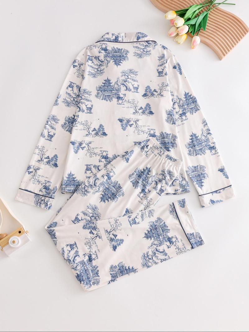 Women's 2-Piece All Over Print Button Front Pocket Lapel Shirt & Elastic Waist Pants Pyjama Set, Casual Comfy Long Sleeve Top & Trousers Matching Pj Set, Women's Sleepwear for Spring & Fall