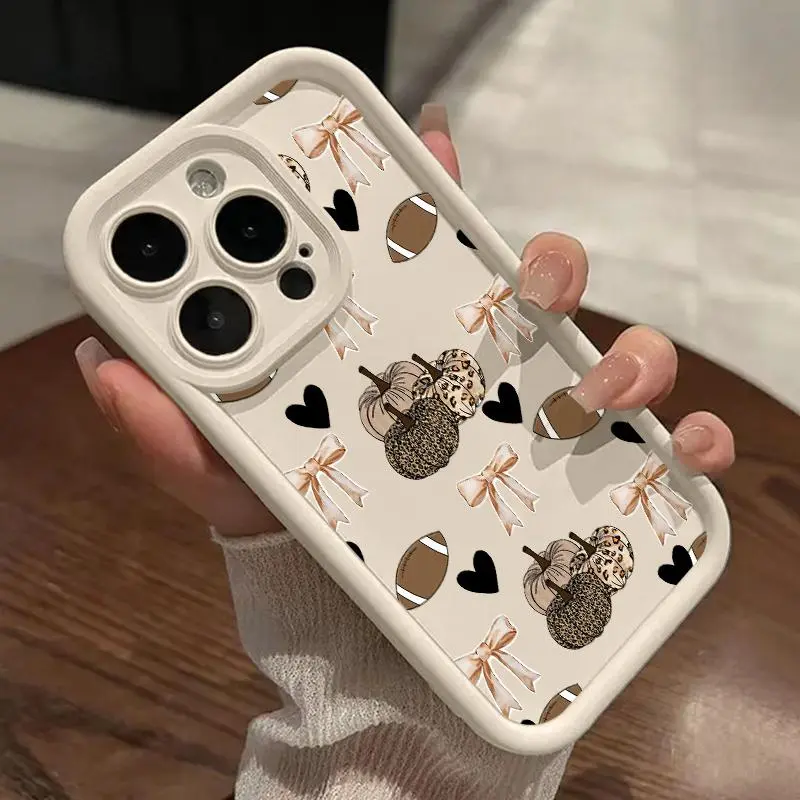 Fall Pumpkin Bow & Football Pattern TPU Cellphone Case - Anti-Scratch, Shockproof Soft Protective Cover, Smartphone Protector & Casing, Women's Mobile Phone Accessories for iPhone 11 12 13 14 15 Plus 16 16e 17 Pro Max Air XR X XS