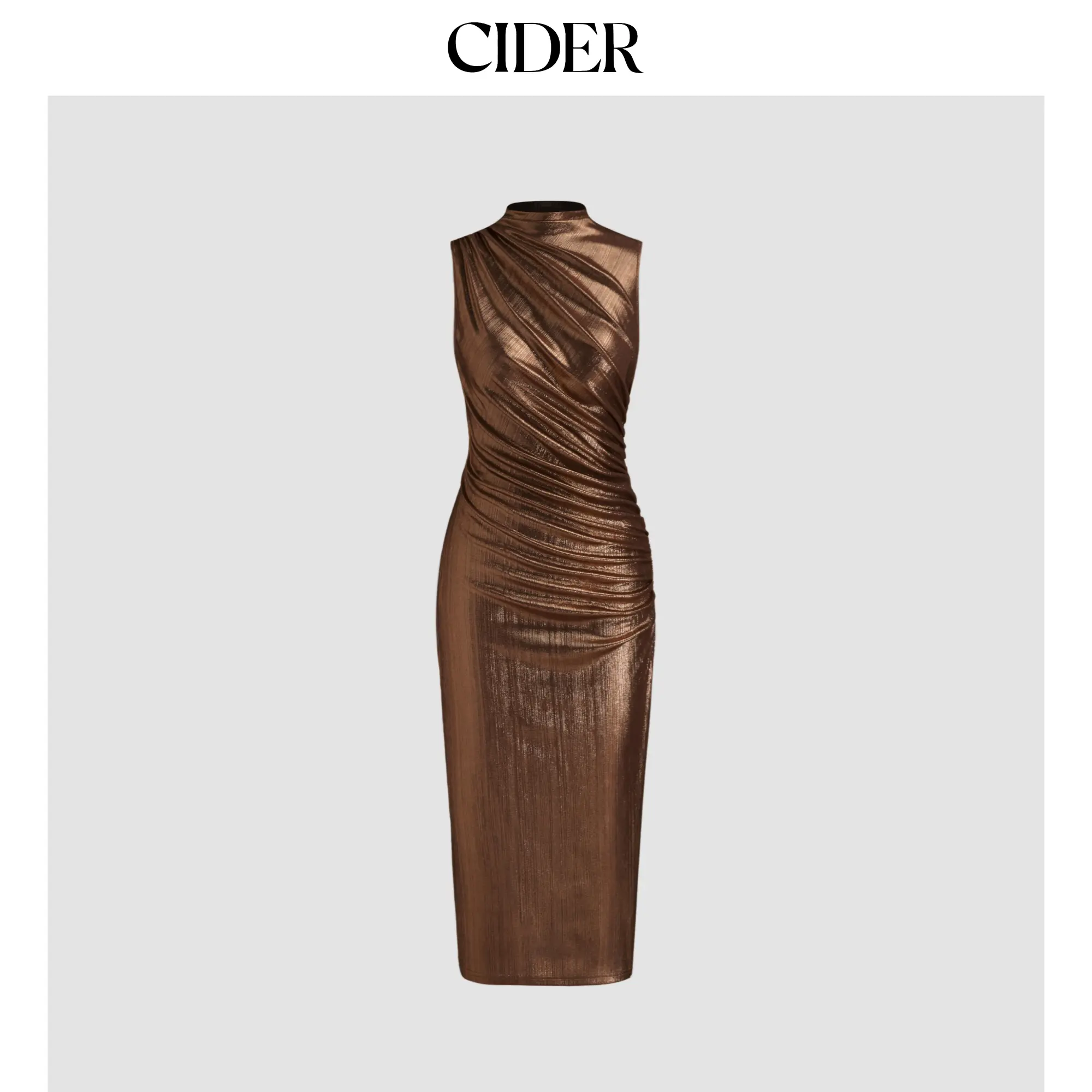 Women's Metallic Stand Collar Solid Ruched Midi Dress, 3 Colors, Size Range 0-26 SummerFinds