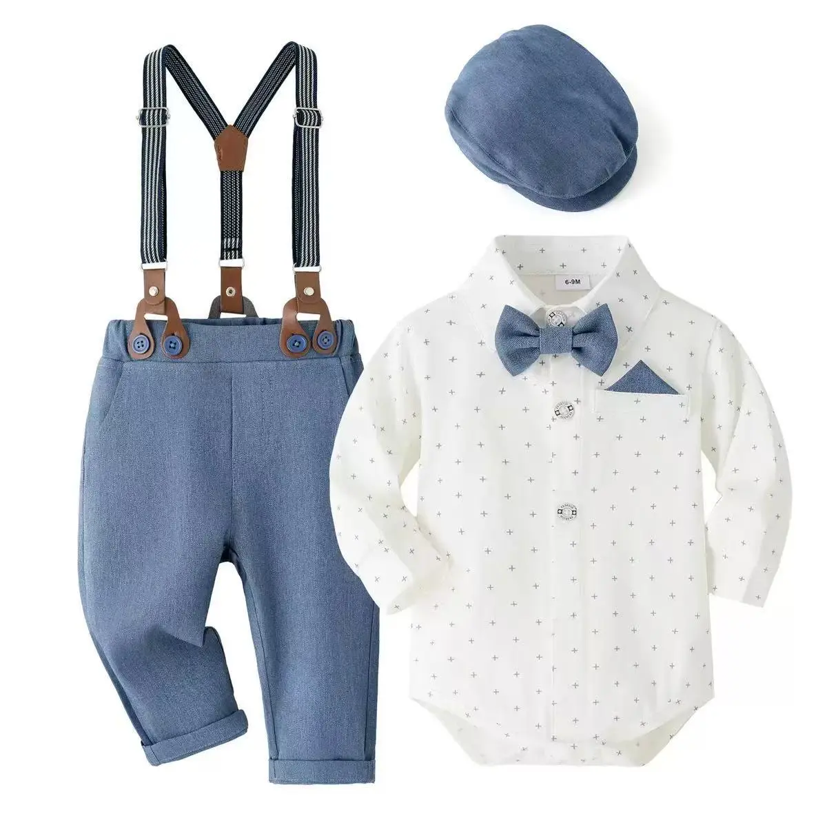 Boys' Gentleman Suit Outfit, Baby-Toddler 1st Birthday Polyester Blend Gift Set with Romper, Suspender Pants, Random Print Hat