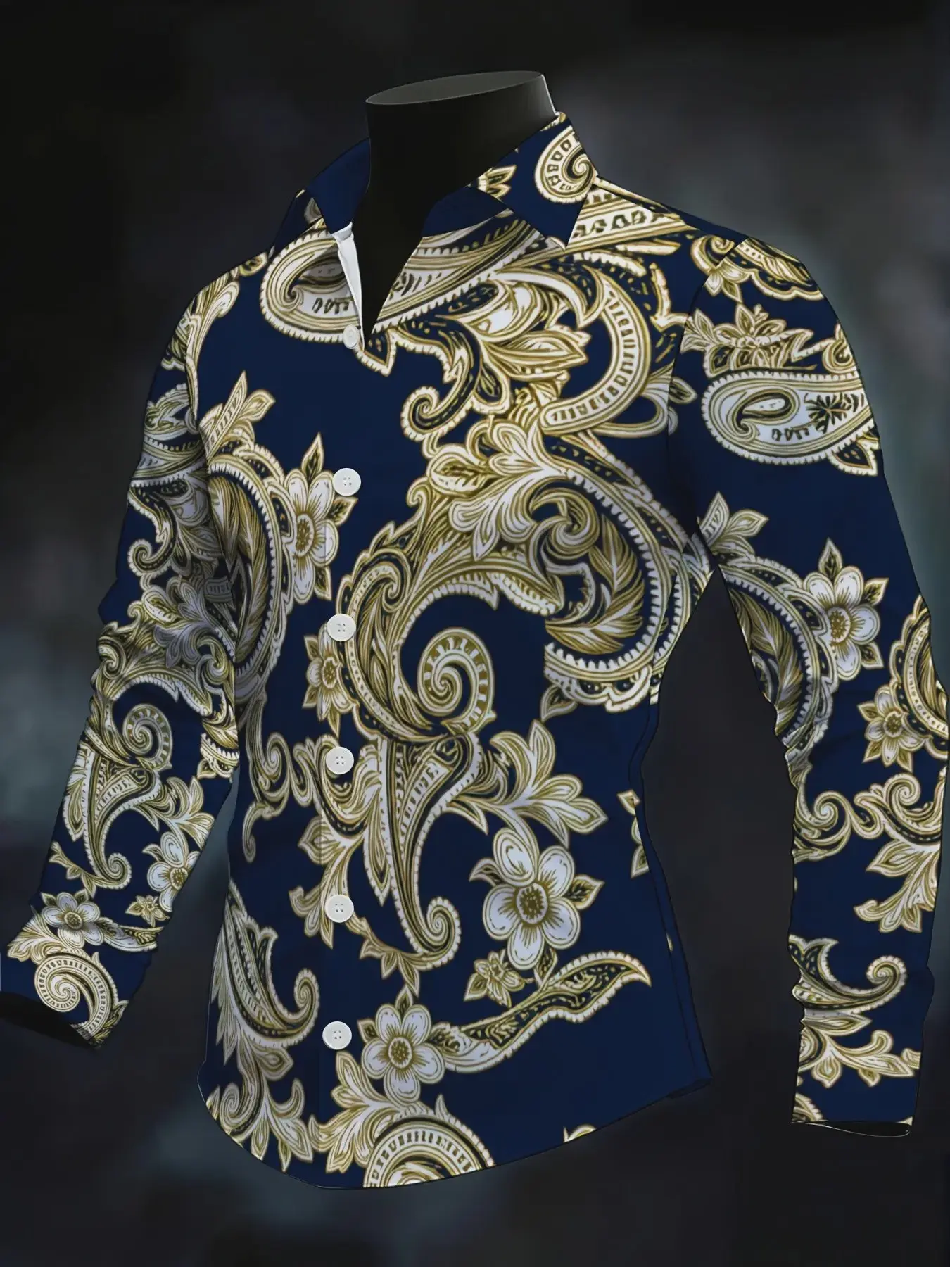 Men's Paisley Graphic Long Sleeve Collared Blouse, Slim-Fitting Casual Shirt, All over Print, Unlined, Fitted Style