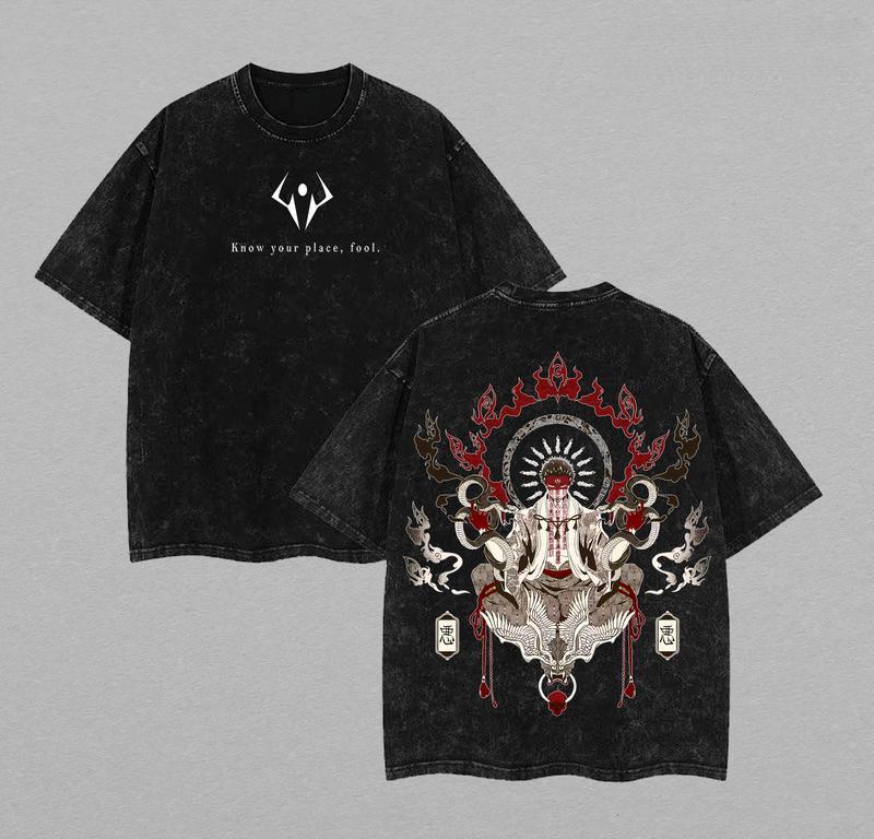 Retro Limited Edition Ryomen Sukuna Traditional Japanese Style Jujutsu Kaisen Anime Double Printed Oversize Lightweight Acid Washed Tee Graphic Tee Casual Streetwear Outfits For Men Anime Clothing Fan Merchandise Comfortable Everyday Wear